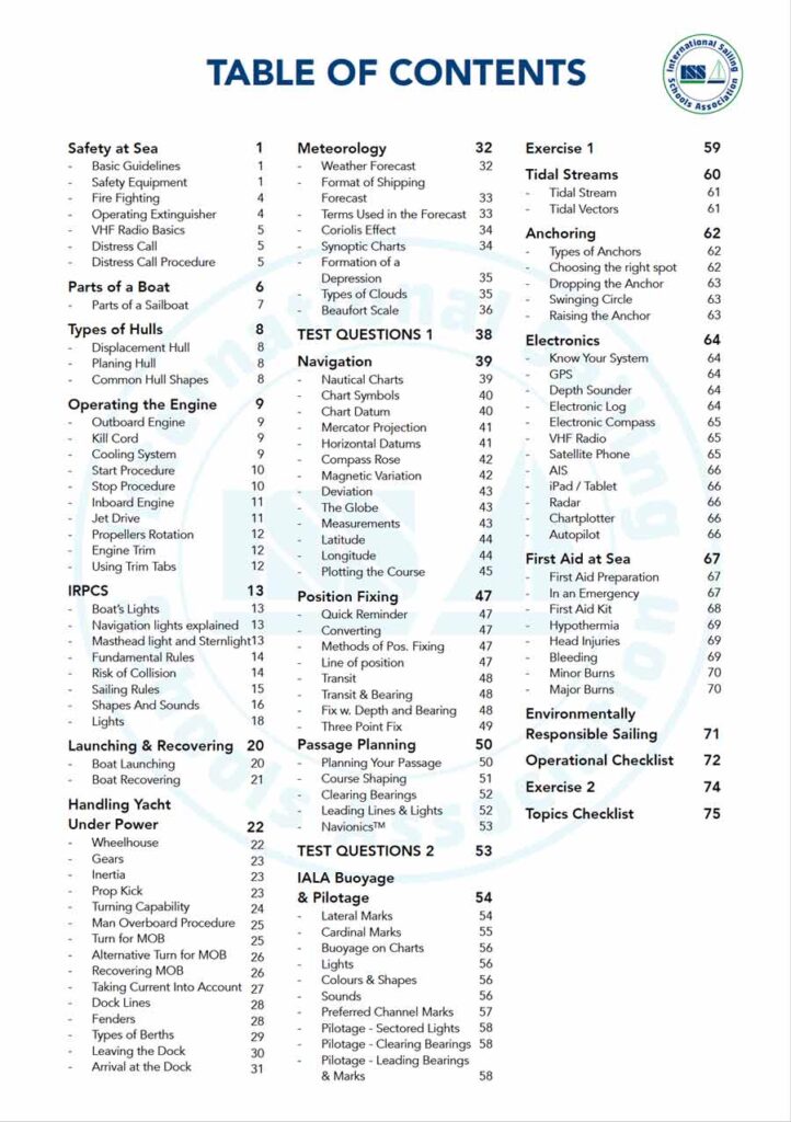 ISSA PDF Handbook index page for boat master course student textbook
