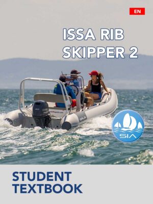 SIA student textbook cover for rib skipper course 2 with 2 male crew members and female passenger aboard a rigid inflatable boat on a calm sea