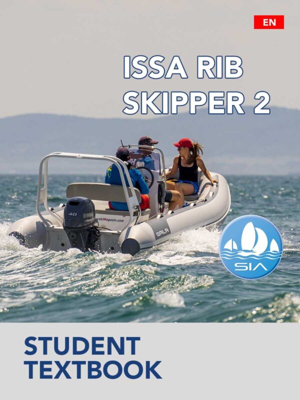 SIA-issa-rib-skipper-2-pdf-manual-EN SIA student textbook cover for rib skipper course 2 with 2 male crew members and female passenger aboard a rigid inflatable boat on a calm sea