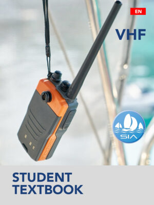 SIA student textbook cover for VHF manual showing a handheld vhf radio