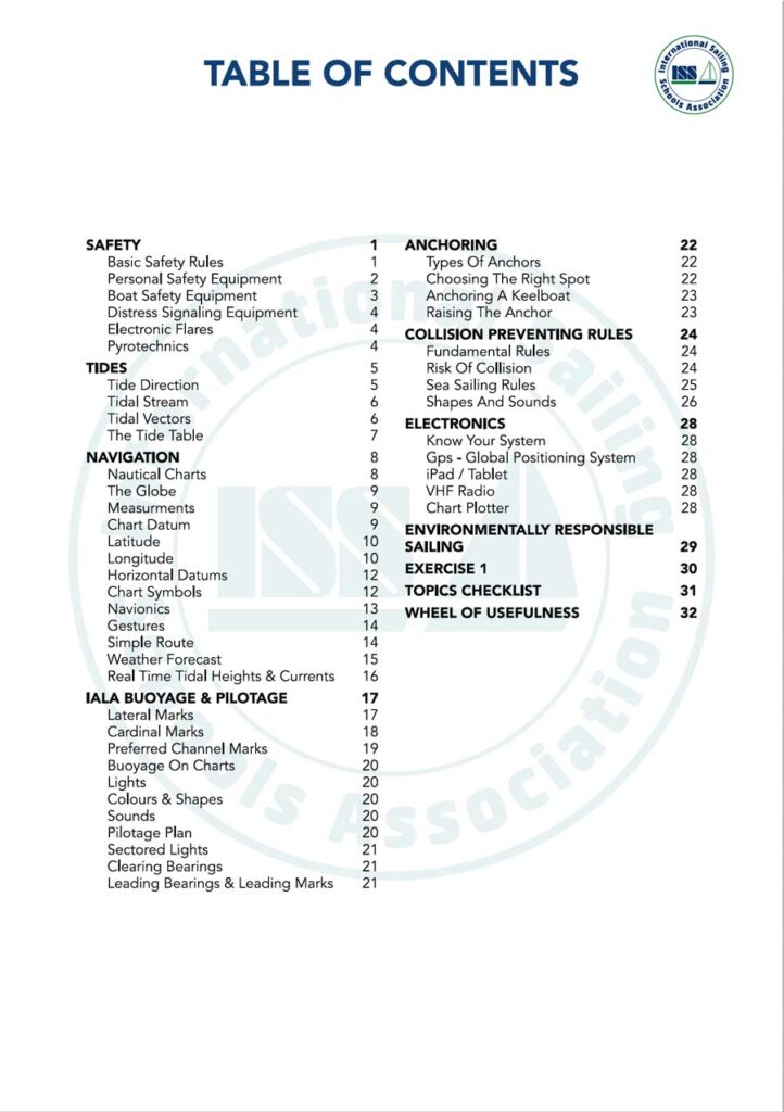 ISSA PDF Handbook index page for keelboat navigator student text book