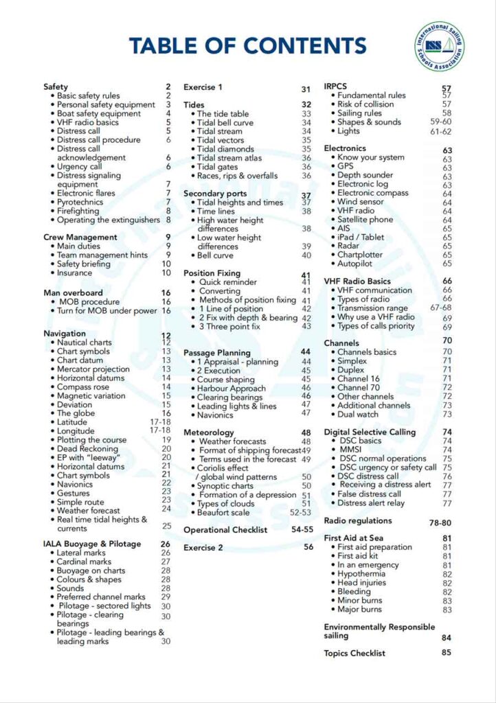 ISSA PDF Handbook index page for motor yacht offshore skipper textbook