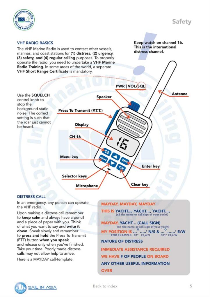 ISSA PDF Handbook page displaying diagrams and information about safety at sea using vhf radio basics