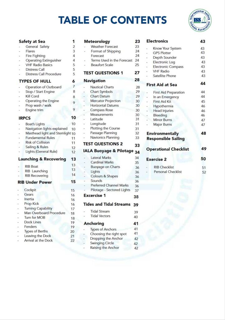 ISSA PDF Handbook index page fro RIB skipper 1 student textbook