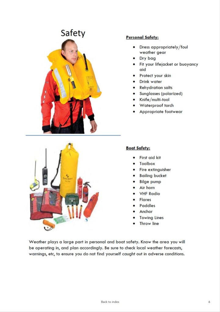 ISSA PDF Handbook page displaying diagrams and information about personal and boat safety