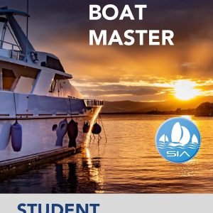 SIA student textbook cover for issa boat master course showing a motor yacht moored at sunset