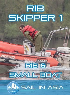 sail in asia rib skipper 2 course header image showing a safety rib under power crewed by two with passenger from rear with outboard motor and wheel visible