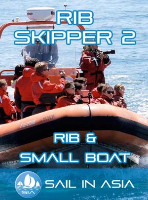 sail in asia rib skipper 2 course header image showing an orange rib under power carrying tourists and photographers in wet weather gear on a calm sea