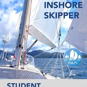 SIA student textbook cover for inshore skipper showing a yacht under sail from the deck