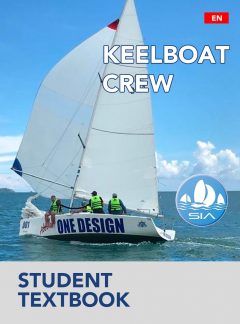 SIA student textbook cover for keelboat crew displaying four crew members sailing a one design platu