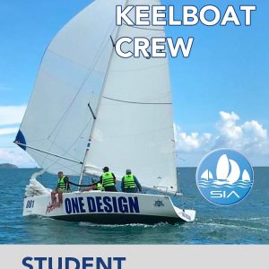 SIA student textbook cover for keelboat crew displaying four crew members sailing a one design platu