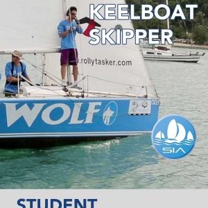 SIA student textbook cover for keelboat skipper displaying two crew members sailing a keelboat called Wolf close to shore