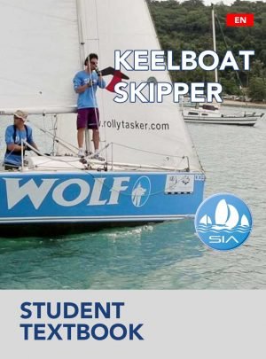 SIA student textbook cover for keelboat skipper displaying two crew members sailing a keelboat called Wolf close to shore