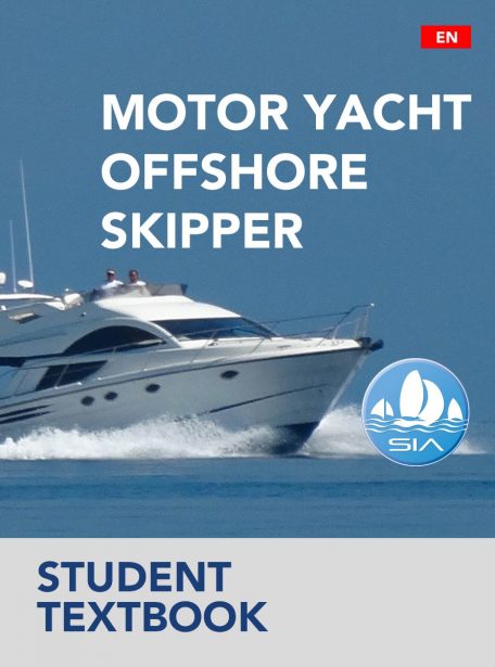 SIA student textbook cover for motor yacht offshore skipper displaying a luxury motor yacht at speed on a calm sea