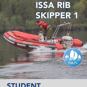 SIA student textbook cover for rib skipper 1 course displaying an orange inflatable dinghy under power with one crew making a turn close to shore