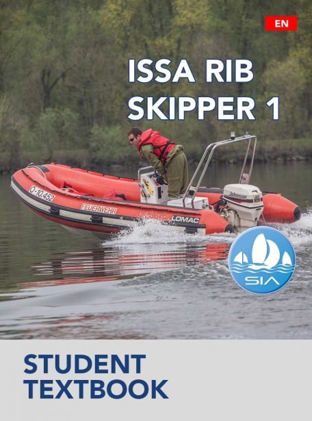 SIA student textbook cover for rib skipper 1 course displaying an orange inflatable dinghy under power with one crew making a turn close to shore