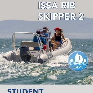 SIA student textbook cover for rib skipper course 2 with 2 male crew members and female passenger aboard a rigid inflatable boat on a calm sea