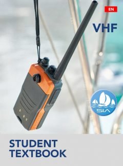 SIA student textbook cover for VHF manual showing a handheld vhf radio