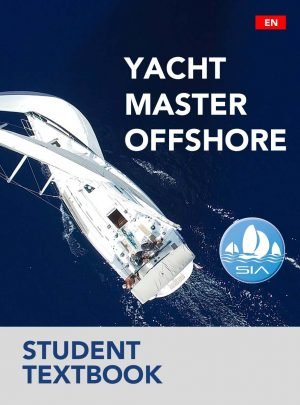SIA student textbook cover for yacht master offshore showing arial view of a yacht against a deep blue sea
