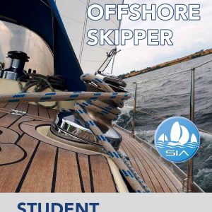 SIA student textbook cover for offshore skipper displaying a capstan with rigging on a wooden decked sailing yacht under sail