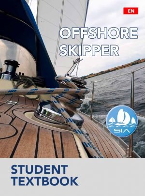 SIA student textbook cover for offshore skipper displaying a capstan with rigging on a wooden decked sailing yacht under sail