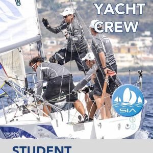 SIA student textbook cover for issa yacht crew course showing a group of 4 sailors learning how to crew a monohull yacht. english version